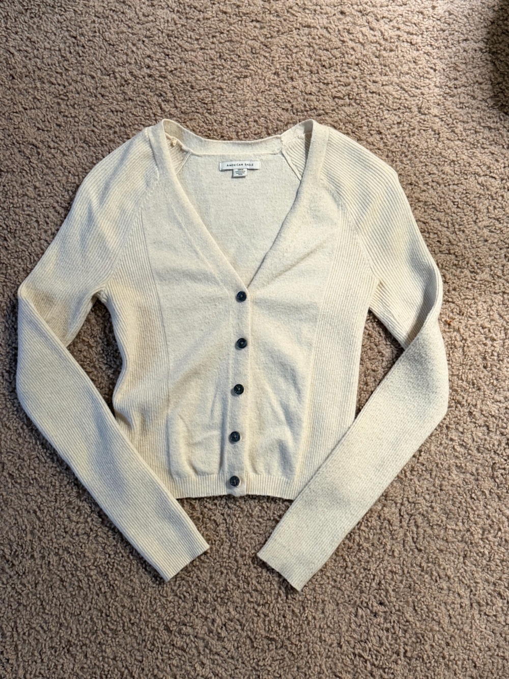American Eagle Small Cropped Cream Ribbed V-Neck Cardigan